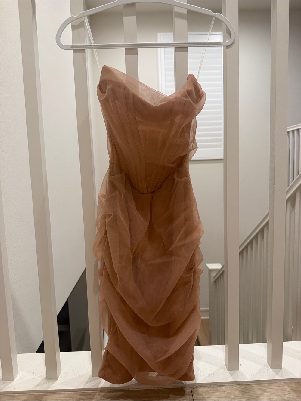 House of CB Strapless Ruched Tulle Midi Dress in Dusty Peach